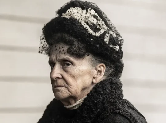 Πορτρέτο της Hetty Green με μαύρο καπέλο και αυστηρή έκφραση, AI-generated.