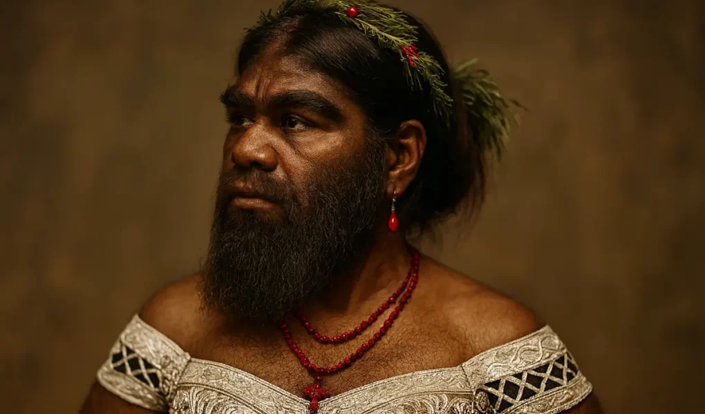 Καλλιτεχνικό πορτρέτο της Julia Pastrana με υπερτρίχωση, ντυμένη με φόρεμα εποχής και κοσμήματα.