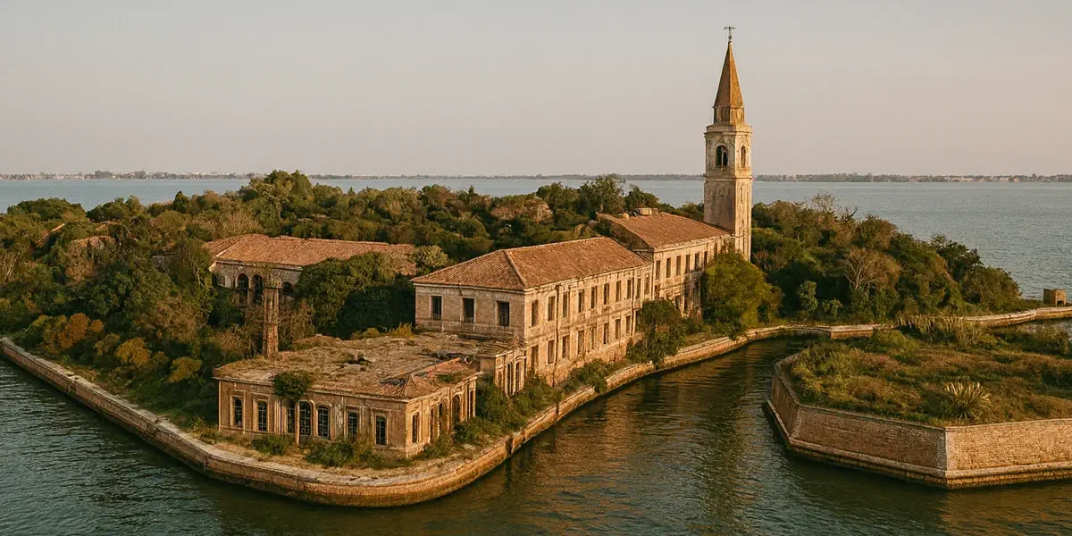 Εγκαταλειμμένα κτίρια του Poveglia και υγροτοπικό τοπίο της λιμνοθάλασσας της Βενετίας
