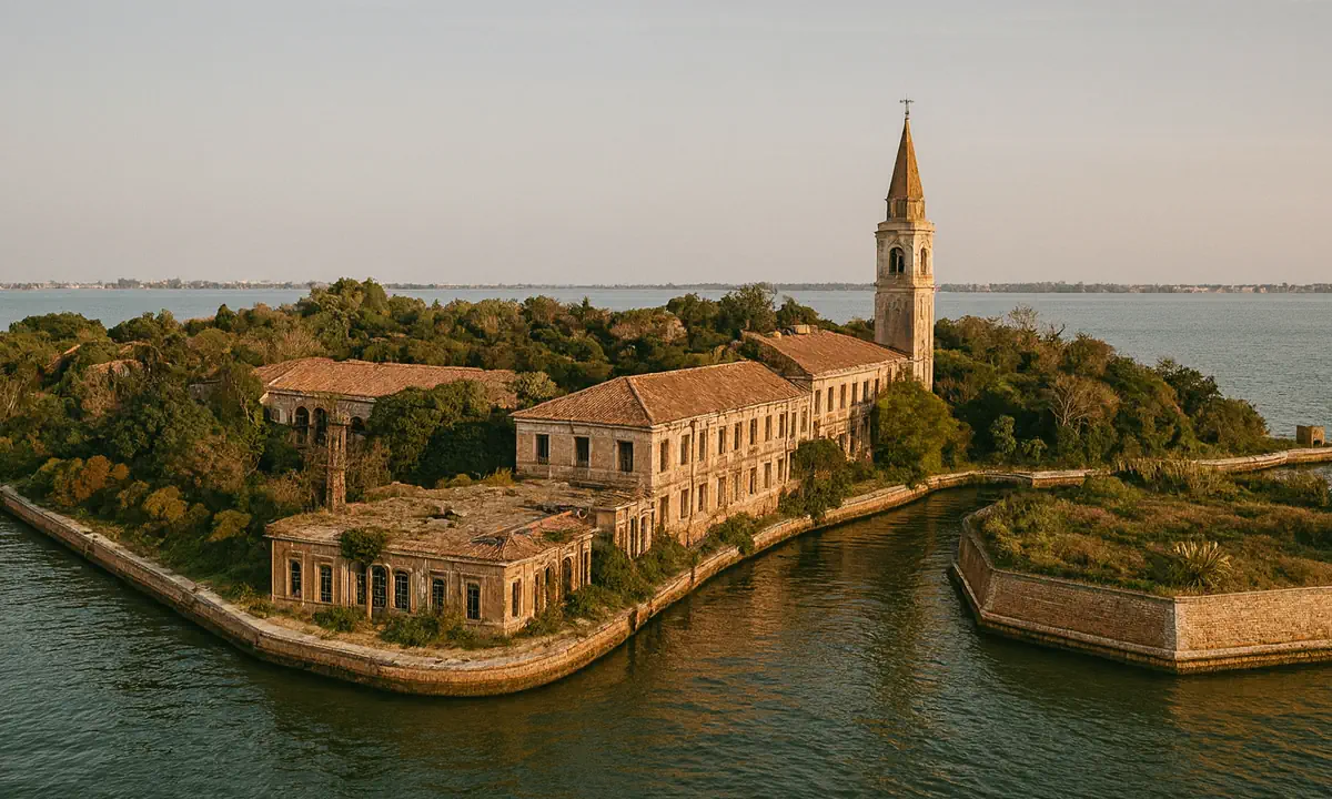 Εγκαταλειμμένα κτίρια του Poveglia και υγροτοπικό τοπίο της λιμνοθάλασσας της Βενετίας
