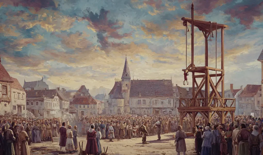 Ιστορική σκηνή σε ευρωπαϊκή πλατεία με ικρίωμα και εκτελεστή.