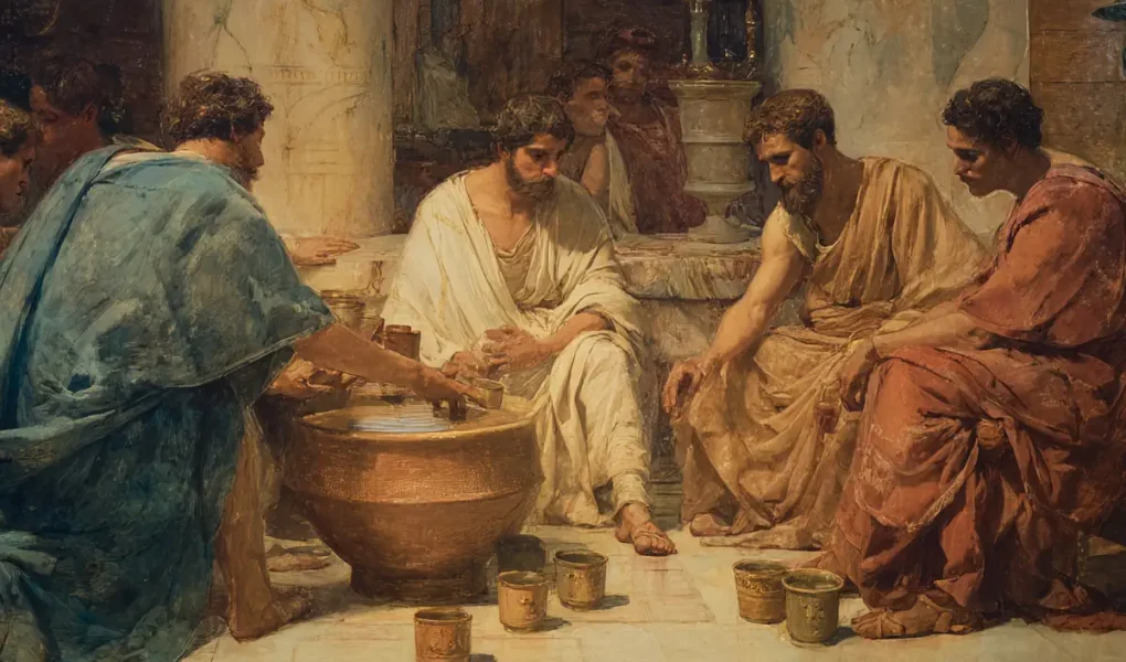 Αρχαίο ελληνικό συμπόσιο με κρατήρα και κύλικες.