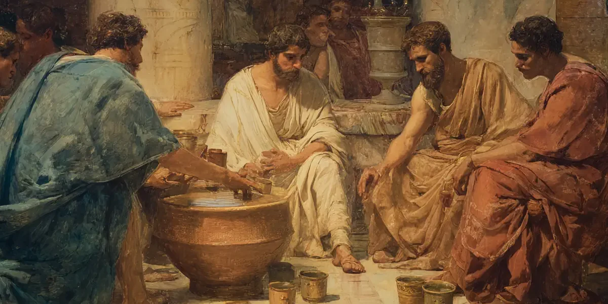 Αρχαίο ελληνικό συμπόσιο με κρατήρα και κύλικες.