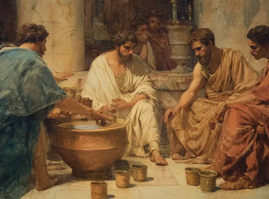 Αρχαίο ελληνικό συμπόσιο με κρατήρα και κύλικες.