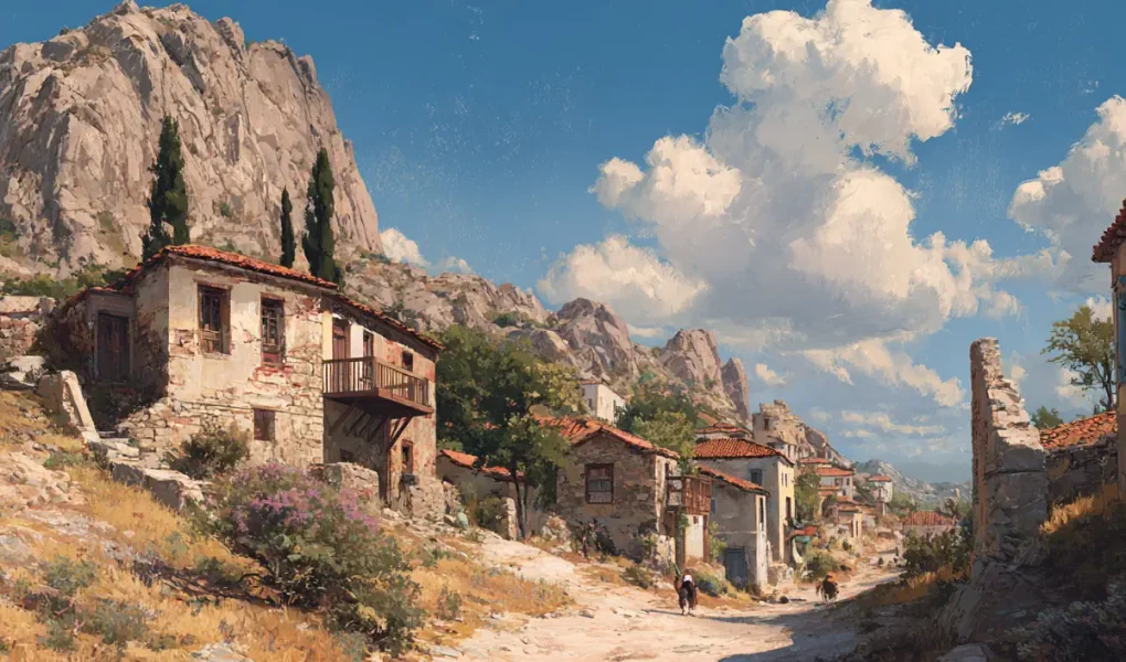 Πανοραμική αναπαράσταση της Αθήνας το 1834 με λίγα σπίτια γύρω από την Ακρόπολη.