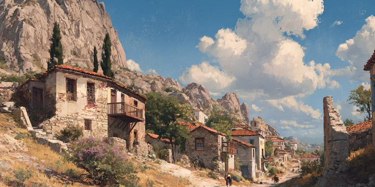 Πανοραμική αναπαράσταση της Αθήνας το 1834 με λίγα σπίτια γύρω από την Ακρόπολη.