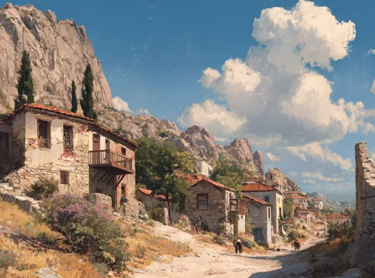 Πανοραμική αναπαράσταση της Αθήνας το 1834 με λίγα σπίτια γύρω από την Ακρόπολη.