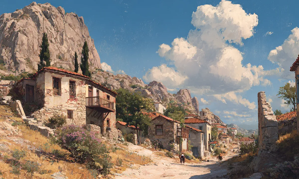 Πανοραμική αναπαράσταση της Αθήνας το 1834 με λίγα σπίτια γύρω από την Ακρόπολη.