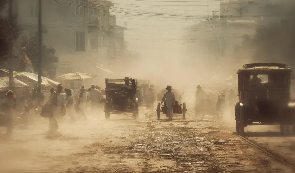 Δρόμος δεκαετίας 1920 με σκόνη, άμαξες και κόσμο σε Αθήνα ή Θεσσαλονίκη