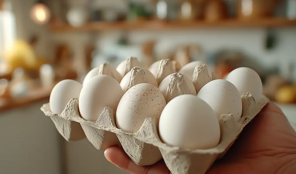 Δεκάδα φρέσκων αυγών σε χάρτινη θήκη, κρατημένα από χέρι σε κουζίνα σπιτιού.