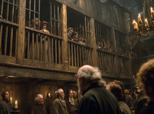 Ρεαλιστική AI-απεικόνιση του εσωτερικού του Bedlam με επισκέπτες να παρατηρούν ψυχικά ασθενείς