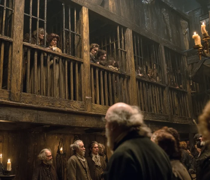 Ρεαλιστική AI-απεικόνιση του εσωτερικού του Bedlam με επισκέπτες να παρατηρούν ψυχικά ασθενείς