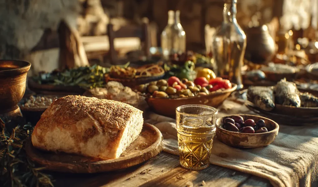 Οικογενειακό δείπνο στην αρχαία Ελλάδα με ψωμί, ελιές, κρασί και ψάρια.