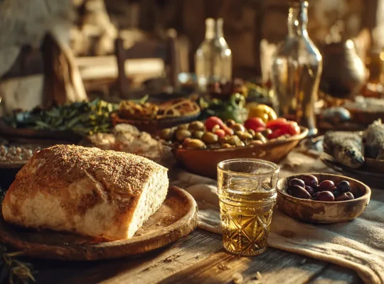 Οικογενειακό δείπνο στην αρχαία Ελλάδα με ψωμί, ελιές, κρασί και ψάρια.