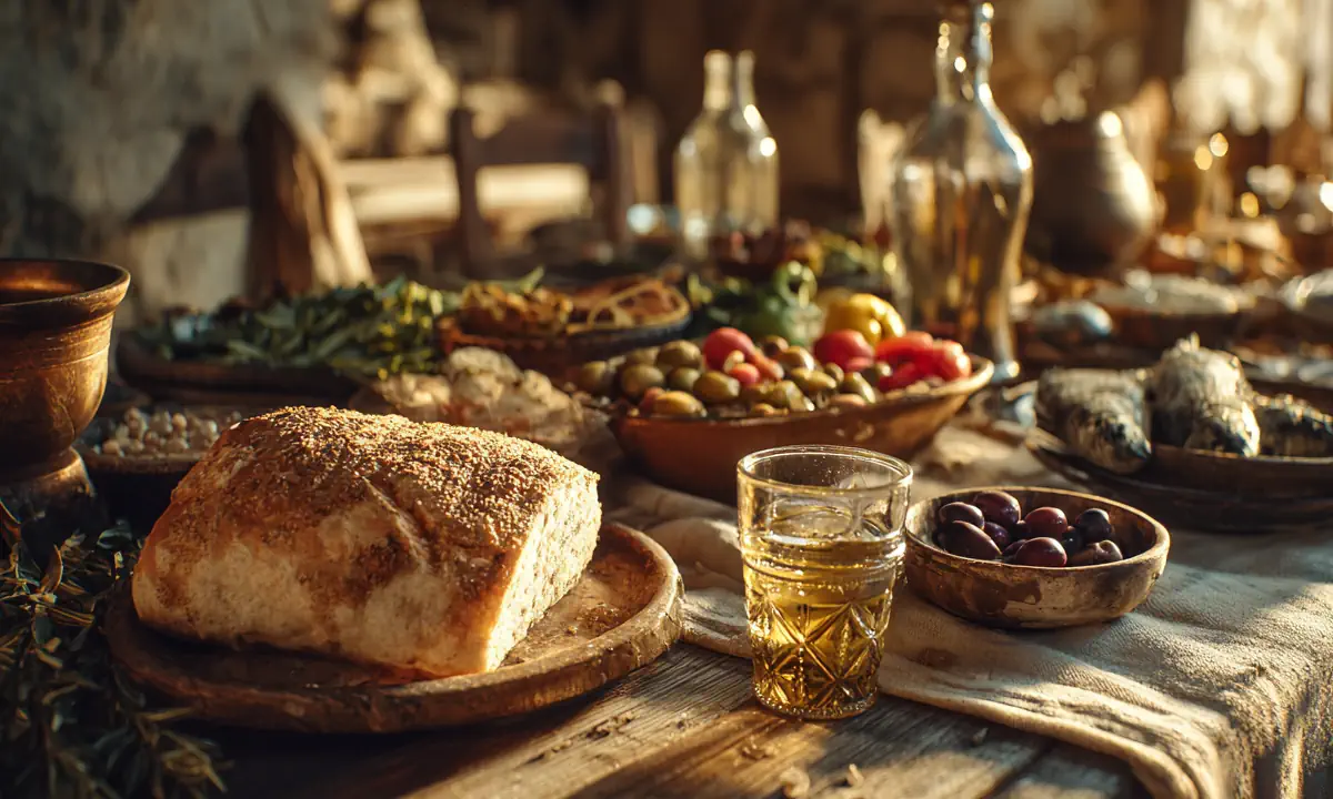 Οικογενειακό δείπνο στην αρχαία Ελλάδα με ψωμί, ελιές, κρασί και ψάρια.