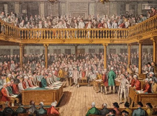 Αίθουσα της Βουλής των Αντιπροσώπων το 1795 με ψηφοφορία για εκτυπώσεις στα γερμανικά.