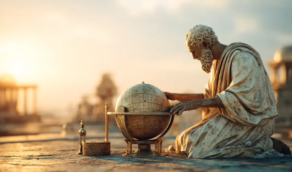 Ο Ερατοσθένης μετρά τη σκιά στην Αλεξάνδρεια για να υπολογίσει την περιφέρεια της Γης.
