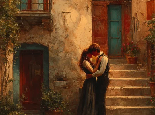 Σκηνή Αναγέννησης με τον Ερωτόκριτο και την Αρετούσα σε ρομαντική στιγμή.