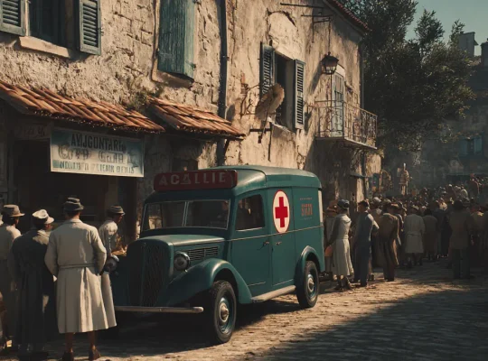 Ανησυχητική σκηνή με χωρικούς του 1951 και φούρνο στην καρδιά του Pont-Saint-Esprit.