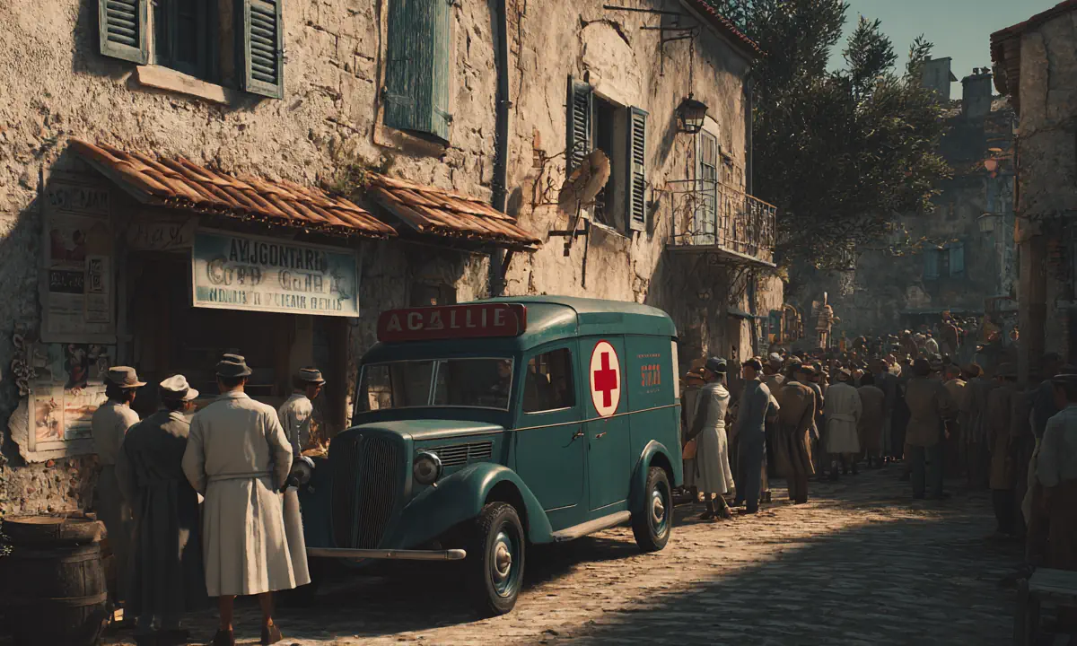 Ανησυχητική σκηνή με χωρικούς του 1951 και φούρνο στην καρδιά του Pont-Saint-Esprit.