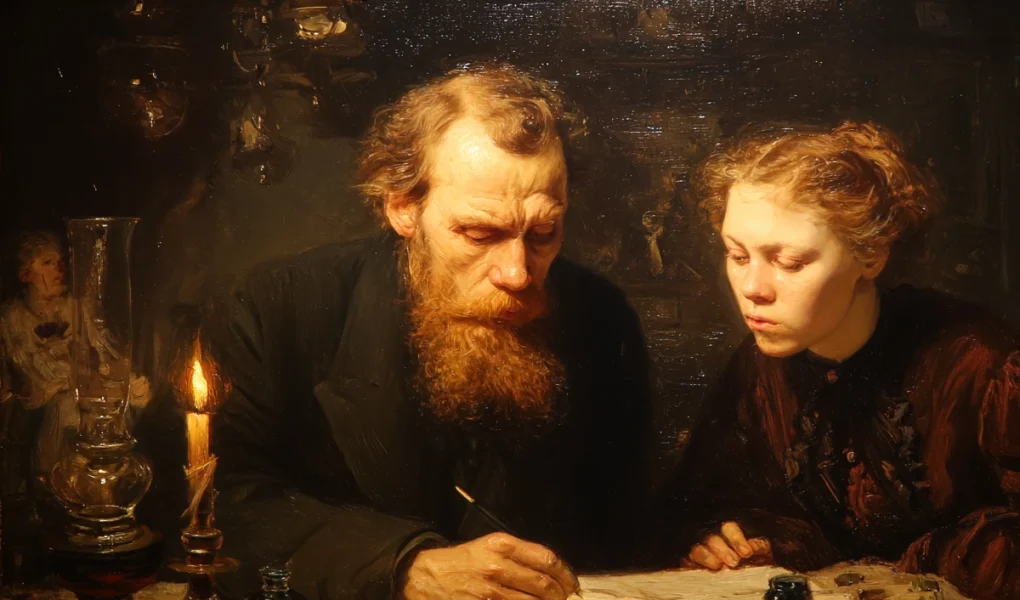 AI-generated depiction of Dostoevsky dictating “The Gambler” to Anna Snitkina in 1866