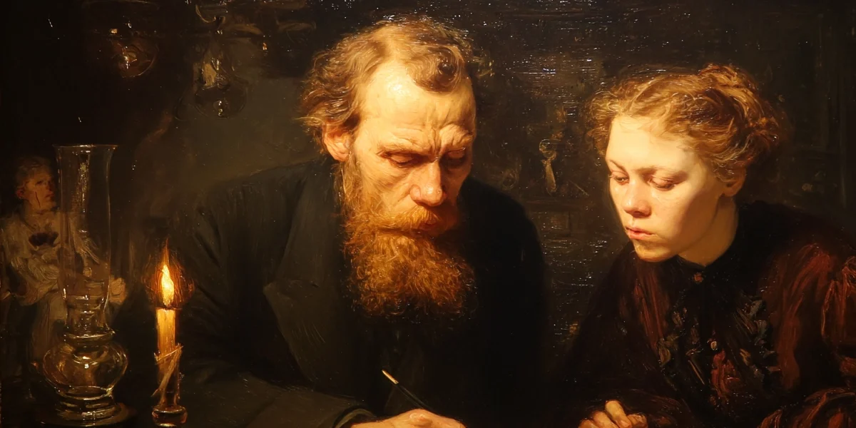 AI-generated depiction of Dostoevsky dictating “The Gambler” to Anna Snitkina in 1866