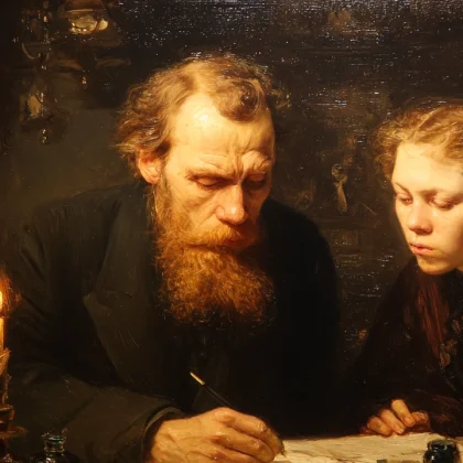 AI-generated depiction of Dostoevsky dictating “The Gambler” to Anna Snitkina in 1866