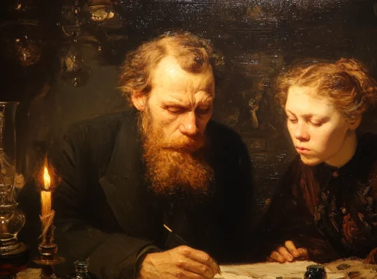 AI-generated depiction of Dostoevsky dictating “The Gambler” to Anna Snitkina in 1866
