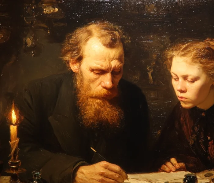 AI-generated depiction of Dostoevsky dictating “The Gambler” to Anna Snitkina in 1866