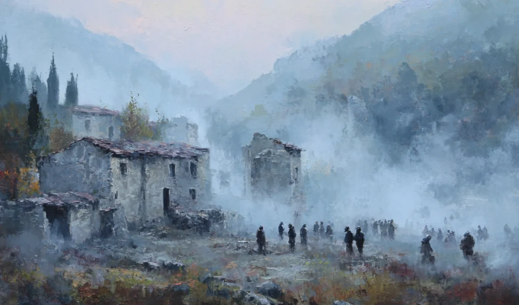 Historic painting of a Greek village during WWII with mist, ruins, and emotional atmosphere