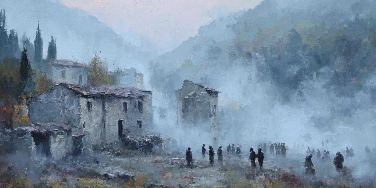 Historic painting of a Greek village during WWII with mist, ruins, and emotional atmosphere