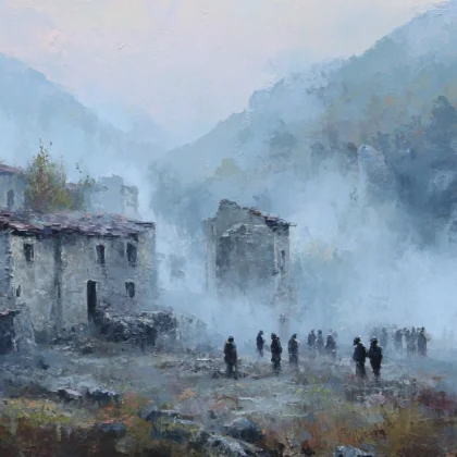 Historic painting of a Greek village during WWII with mist, ruins, and emotional atmosphere