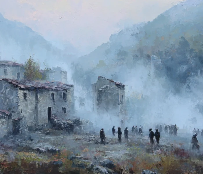 Historic painting of a Greek village during WWII with mist, ruins, and emotional atmosphere
