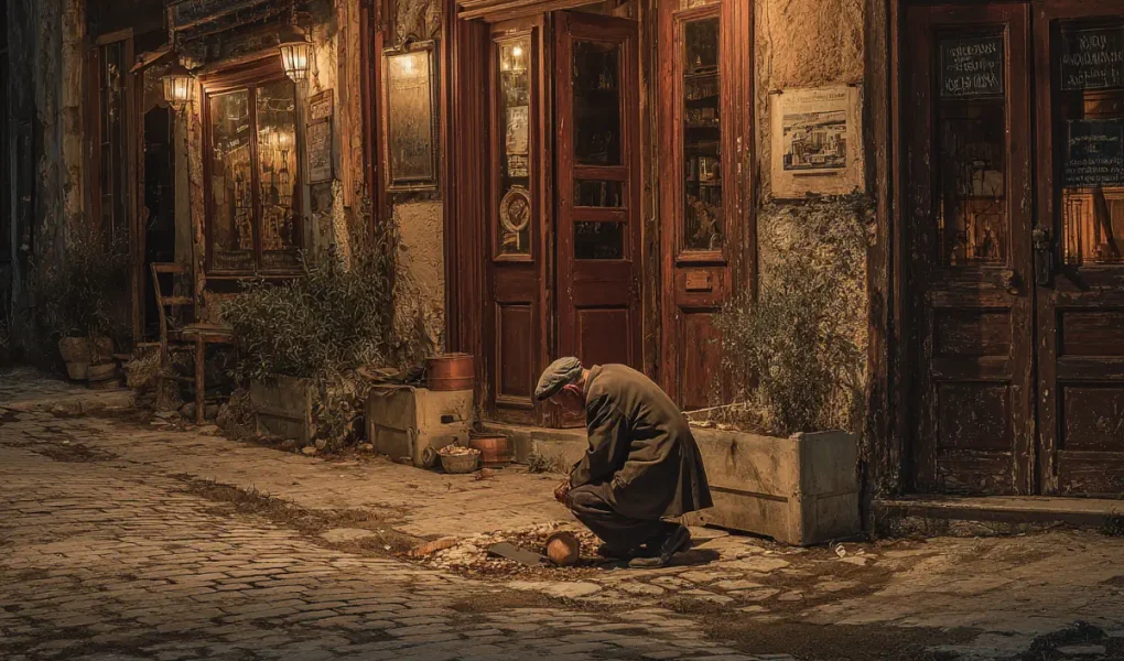 Άντρας σκυμμένος μαζεύει αποτσίγαρα από δρόμο της Αθήνας στις αρχές του 20ού αιώνα.