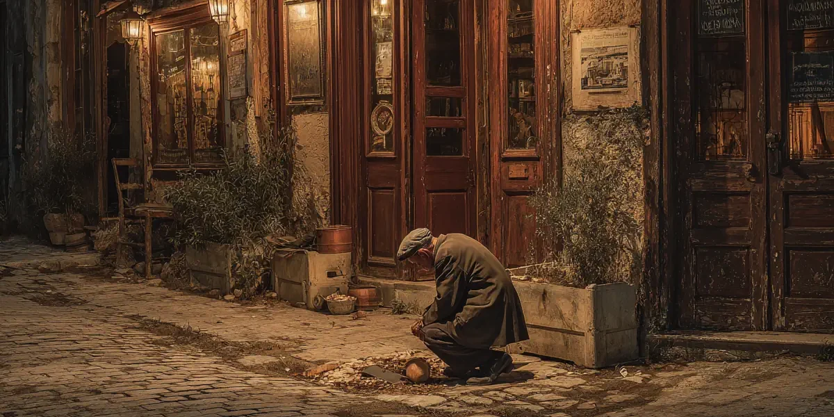 Άντρας σκυμμένος μαζεύει αποτσίγαρα από δρόμο της Αθήνας στις αρχές του 20ού αιώνα.