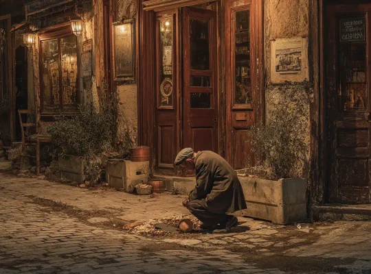 Άντρας σκυμμένος μαζεύει αποτσίγαρα από δρόμο της Αθήνας στις αρχές του 20ού αιώνα.