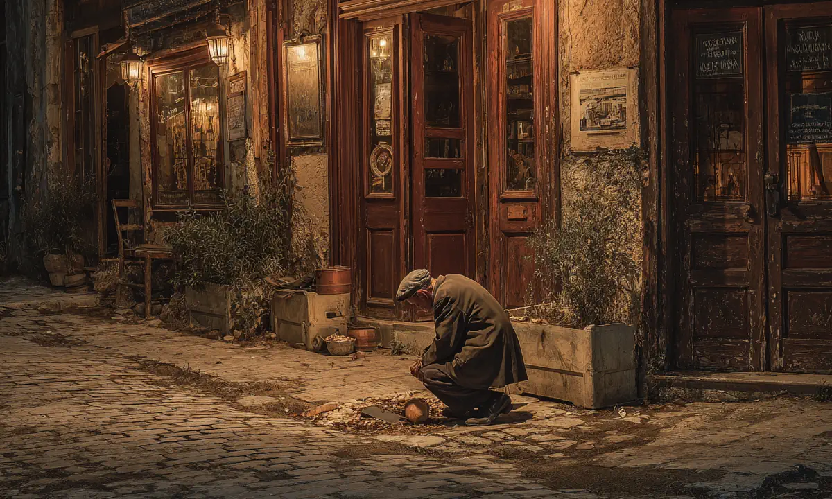 Άντρας σκυμμένος μαζεύει αποτσίγαρα από δρόμο της Αθήνας στις αρχές του 20ού αιώνα.