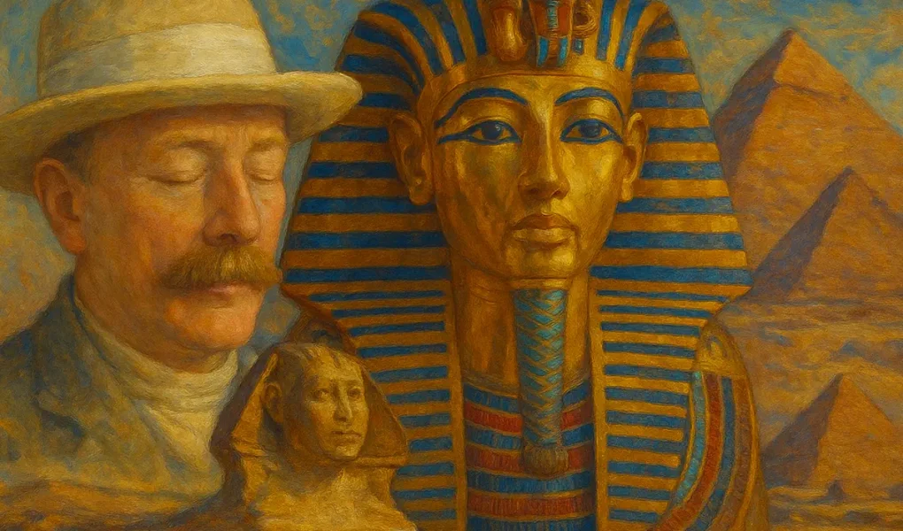 Λόρδος Καρναρβόν δίπλα στη μάσκα του Τουταγχαμών με φόντο τις πυραμίδες.