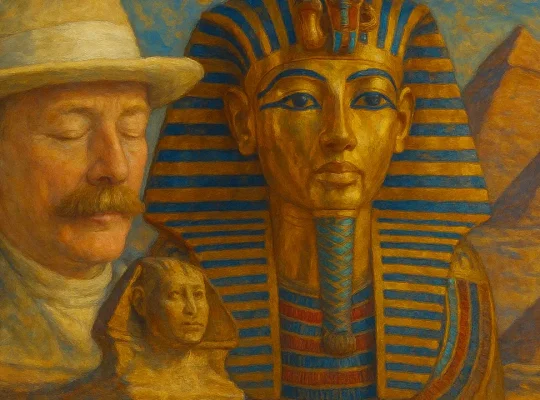 Λόρδος Καρναρβόν δίπλα στη μάσκα του Τουταγχαμών με φόντο τις πυραμίδες.