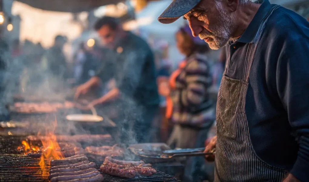 Ψήσιμο λεπτών λουκάνικων σε υπαίθρια αγορά που παραπέμπει στην Τζουμαγιά Σερρών