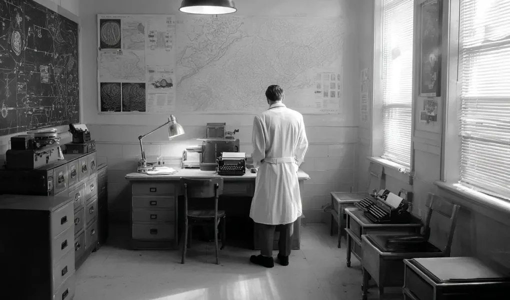 Ασπρόμαυρο γραφείο ψυχιατρικού νοσοκομείου 1940s με γιατρό μπροστά σε πίνακα, γραφομηχανή και ντουλάπια αρχείων.
