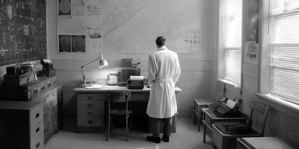 Ασπρόμαυρο γραφείο ψυχιατρικού νοσοκομείου 1940s με γιατρό μπροστά σε πίνακα, γραφομηχανή και ντουλάπια αρχείων.