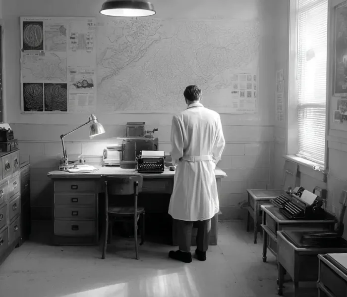 Ασπρόμαυρο γραφείο ψυχιατρικού νοσοκομείου 1940s με γιατρό μπροστά σε πίνακα, γραφομηχανή και ντουλάπια αρχείων.