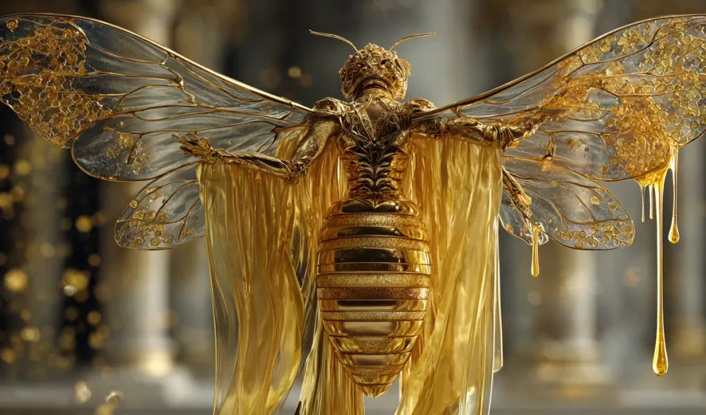 Απεικόνιση θεάς-μέλισσας με χρυσά φτερά σε ιερό ναό.