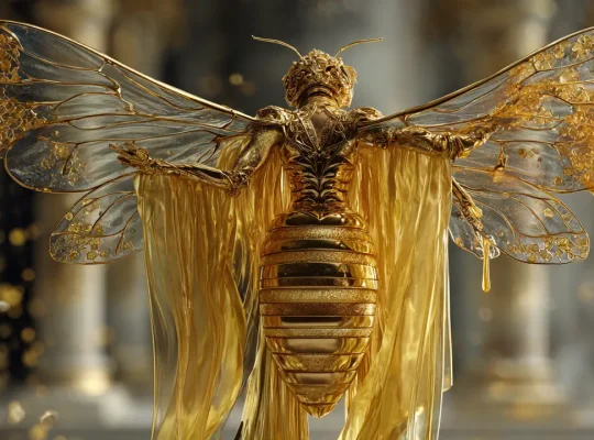 Απεικόνιση θεάς-μέλισσας με χρυσά φτερά σε ιερό ναό.