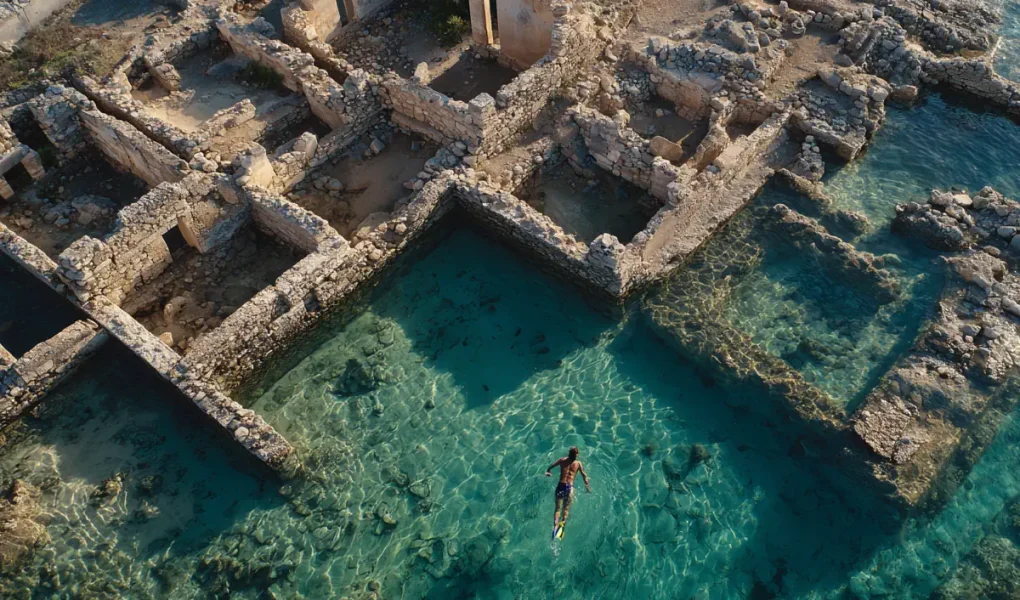 Το Παυλοπέτρι με θεμέλια κτιρίων και δρόμους ορατά κάτω από τα ρηχά νερά απέναντι από την Ελαφόνησο.