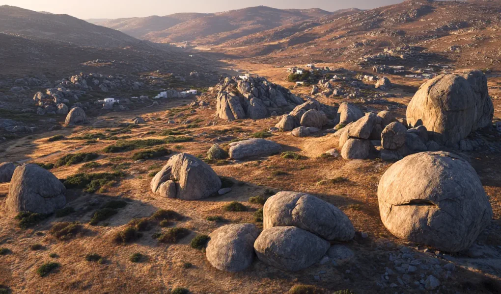 Ρεαλιστική απεικόνιση σφαιρικών γρανιτικών πετρών στον Βώλακα της Τήνου. (AI-generated)