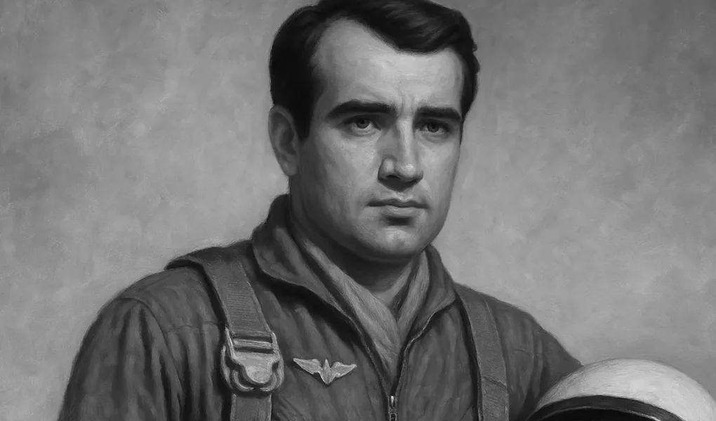 Πορτραίτο του πιλότου Κωνσταντίνου Κραββαρτόγιαννου με στολή της Πολεμικής Αεροπορίας, ρεαλιστική ζωγραφική.