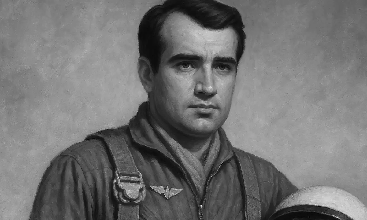 Πορτραίτο του πιλότου Κωνσταντίνου Κραββαρτόγιαννου με στολή της Πολεμικής Αεροπορίας, ρεαλιστική ζωγραφική.