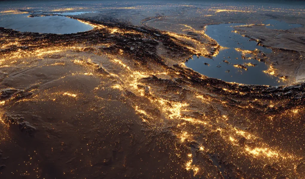 Χάρτης-νυχτερινό πανόραμα με αραιές εστίες φωτός σε Μεσοποταμία, Νείλο, Ίνδο και Κίτρινο Ποταμό.